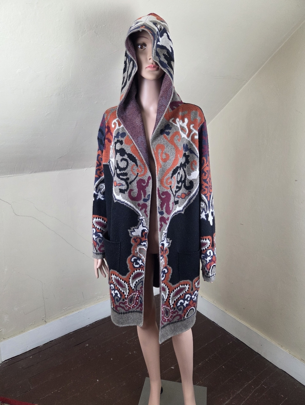 Maxsport Hooded Cardigan Sweater 1X Boho Paisley Knit Open Front Pockets